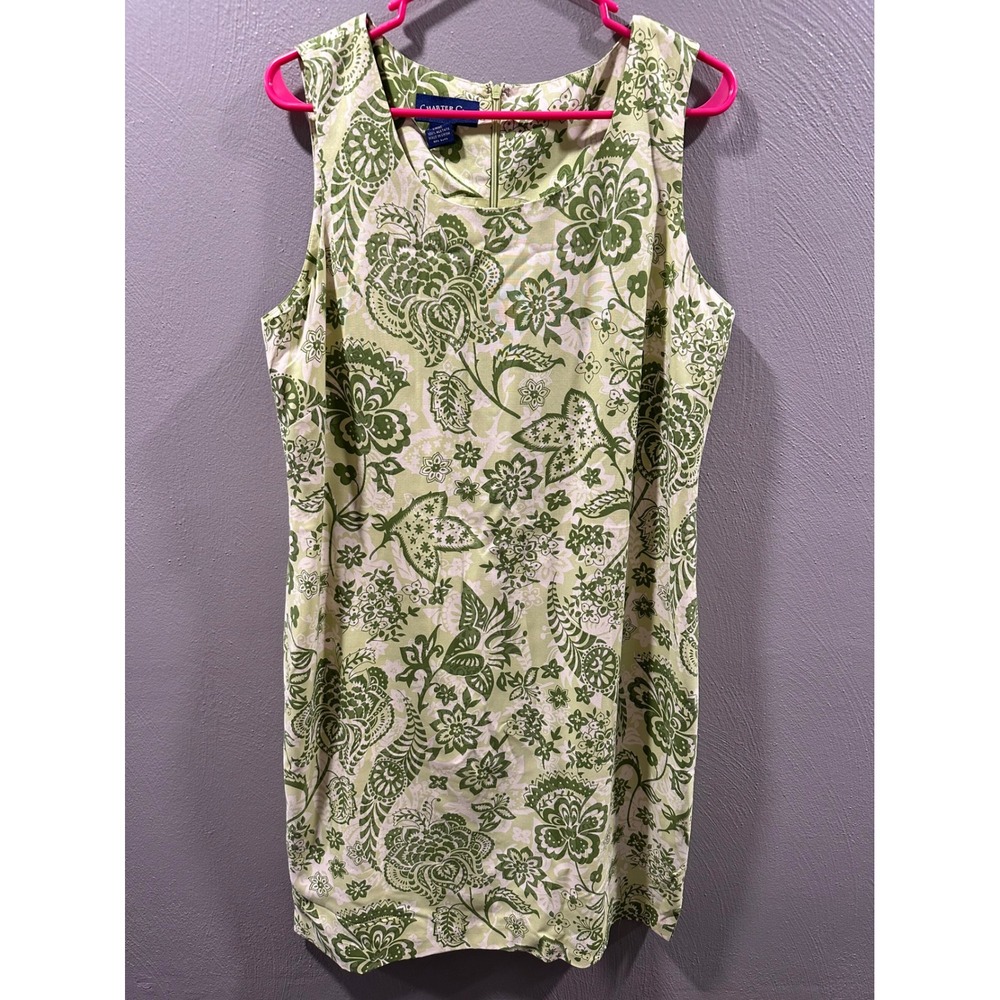 Charter Club Silk Floral Paisley Sleeveless Shift Dress Green Cream Size 14